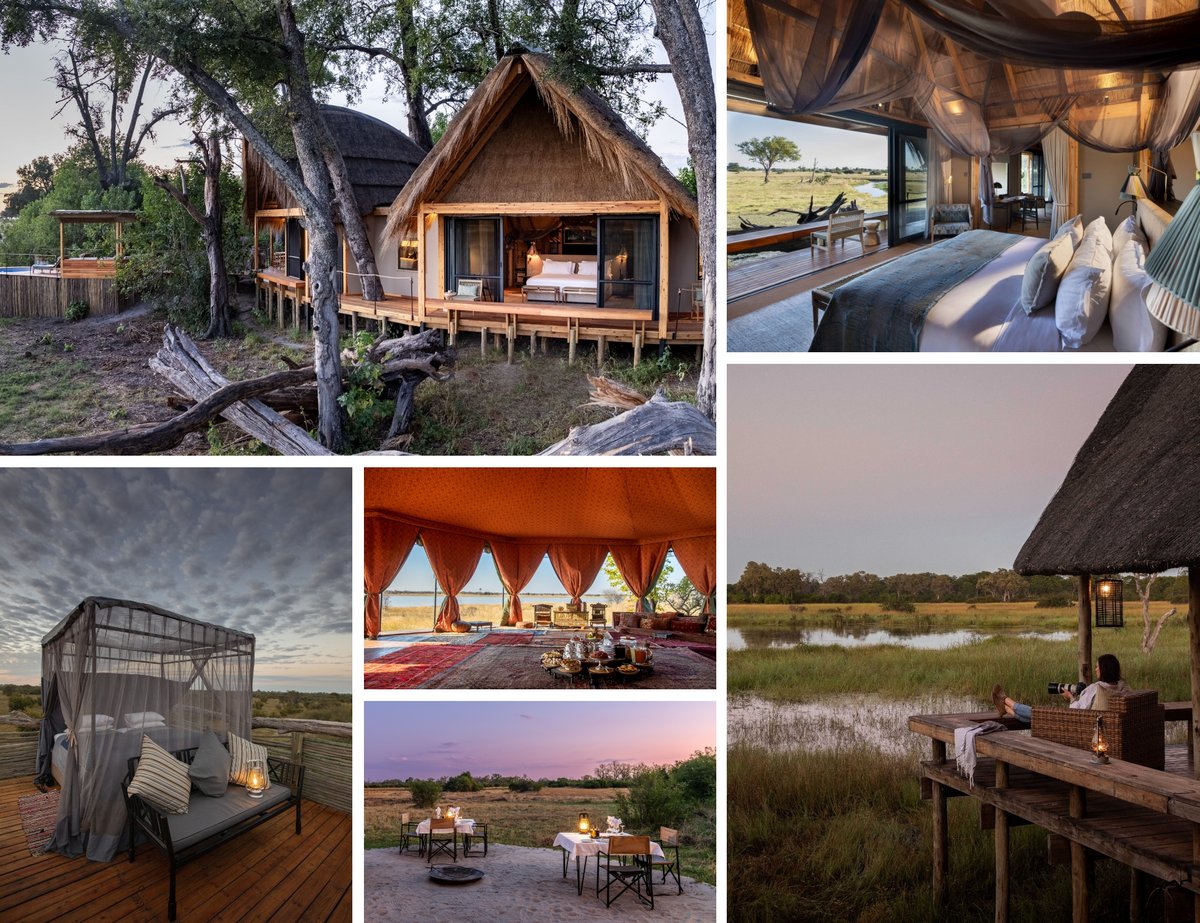 Collage aus Bildern von Safari-Lodges mit strohgedeckten Dächern, offenen Schlafzimmern, Sitzbereichen mit Moskitonetzen und Außenplätzen mit Blick auf die Natur