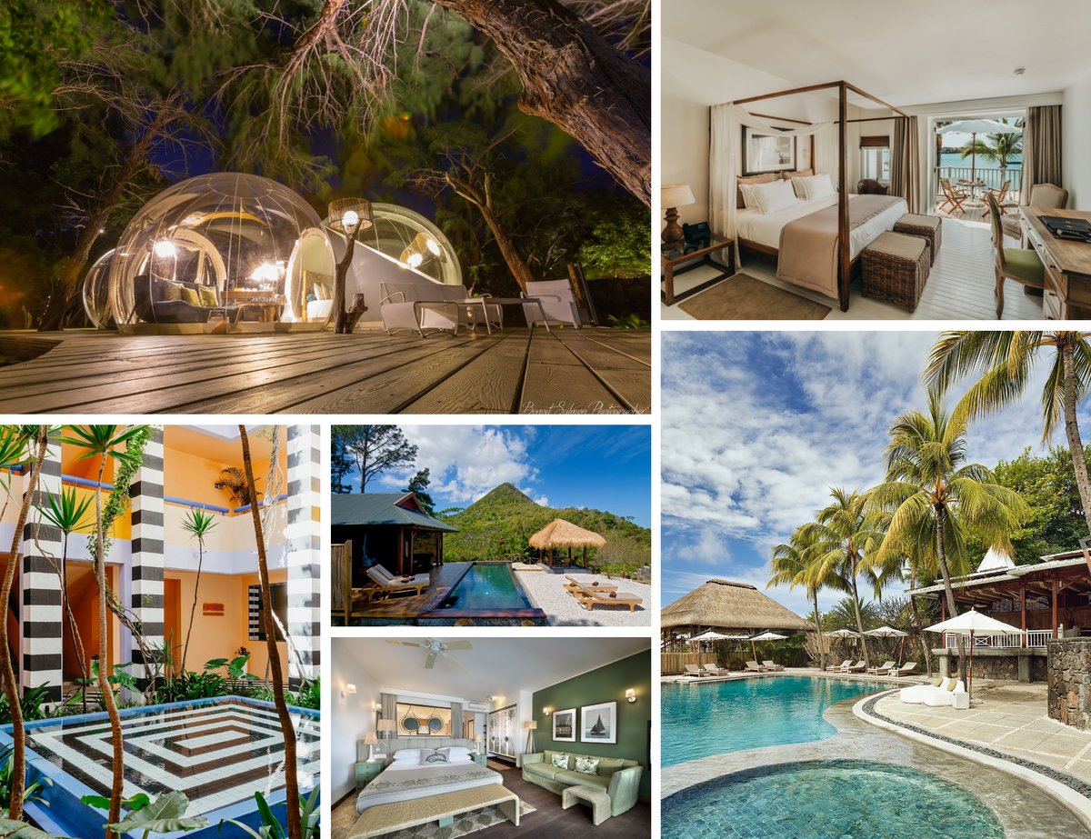 Collage aus fünf Fotos mit transparenten Kuppelzelten auf Holzdeck im Wald, luxuriösen Hotelzimmern mit Himmelbett und Meerblick, tropischem Hotelpool mit Palmen, modernem Innenraum mit Doppelbett und Außenpool mit Liegen und Sonnenschirmen unter Palmen