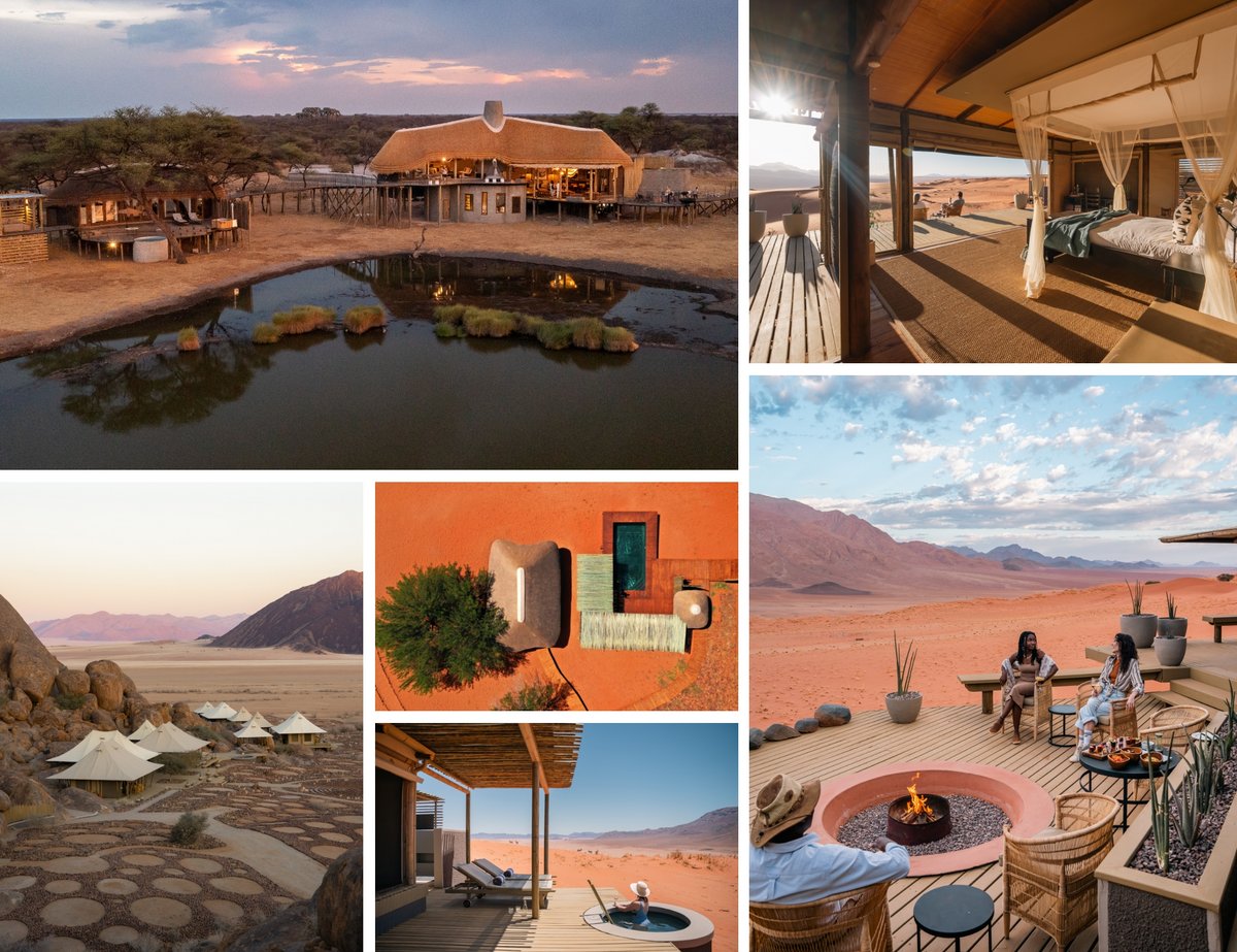 Collage aus Bildern einer Wüstenlodge mit Zelten, Terrasse mit Whirlpool, Feuerstelle mit Sitzgelegenheiten, Innenraum mit Himmelbett und Außenansicht mit Teich und Strohdach.