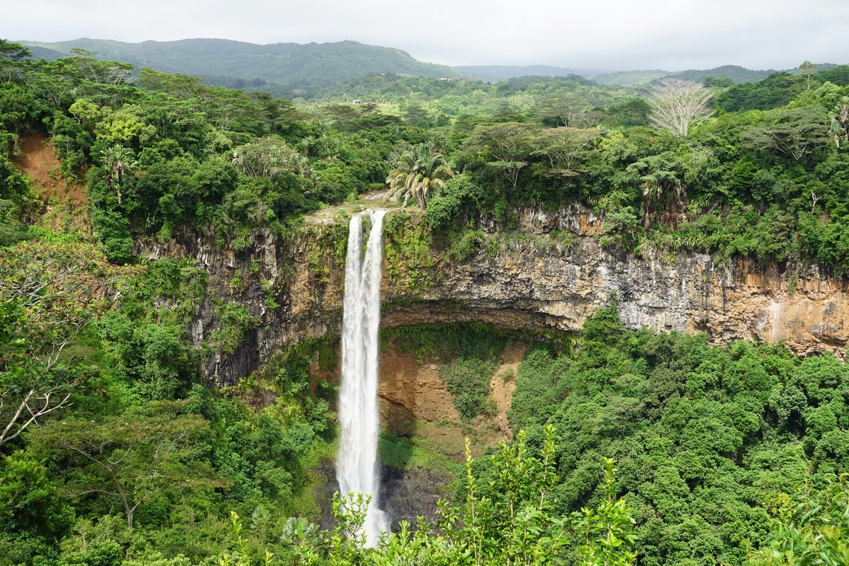 Wasserfall stürzt von einer steilen Felsklippe umgeben von dichtem tropischem Wald in einem Nationalpark.