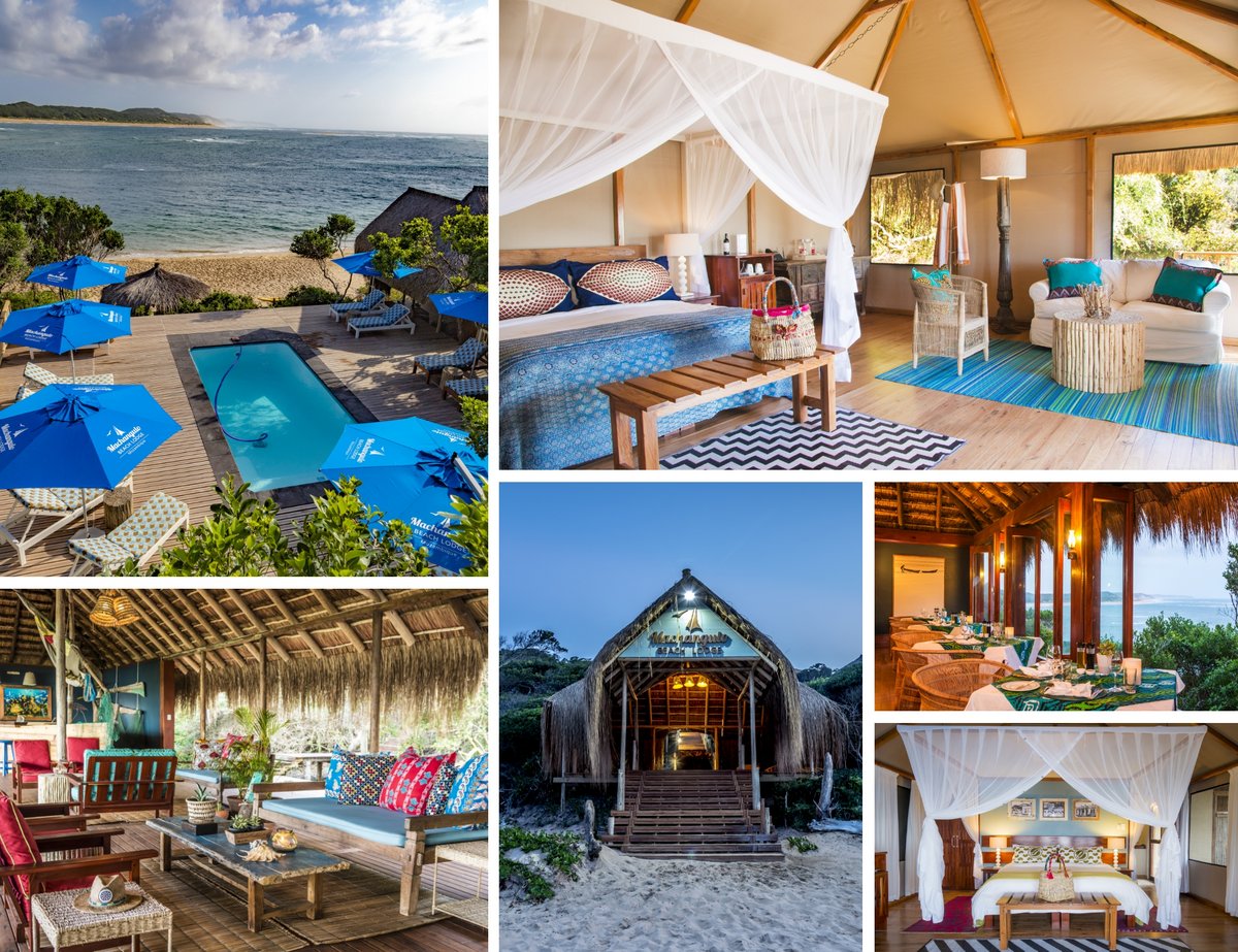 Collage mit Pool und Strandblick, Schlafzimmer mit Himmelbett, überdachtem Lounge-Bereich, Eingang eines Strandlodges, Restaurant mit Meerblick und zweitem Schlafzimmer mit Himmelbett